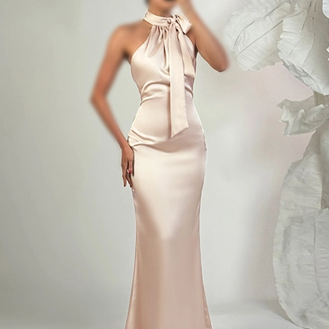 Halter Neck Maxi Dress Backless Satin Polyester Spandex Fishtail Evening Gown With Large Bow Elegant Sexy Sleeveless For Women