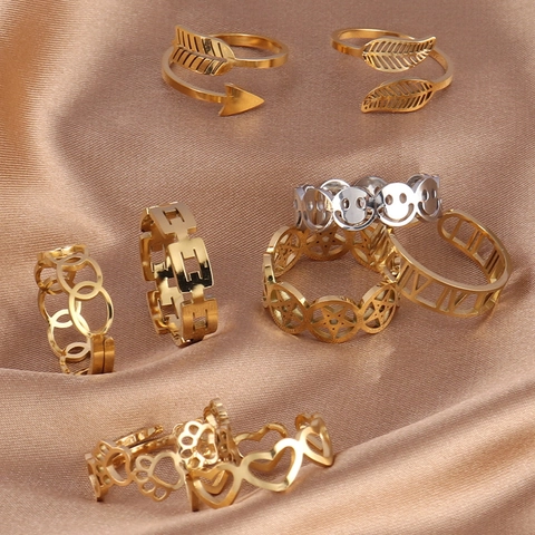 Vintage Stainless Steel Gold Plated Open Rings Adjustable Hollow Heart Star Leaf Geometric Jewelry For Women Men