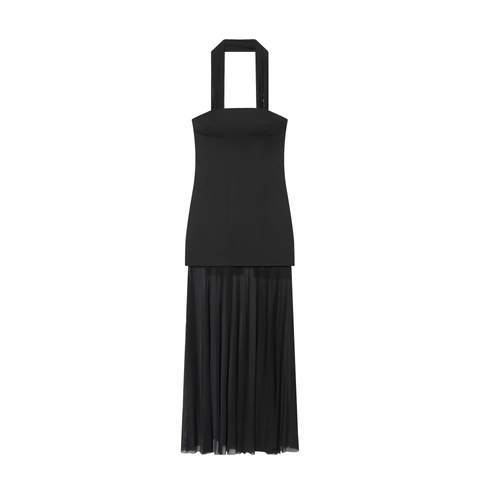 Halterneck Maxi Jurk Mouwloos Geplooid Mesh Patchwork Elegant Sexy Socialite Zwart Voor Dames Lange Jurk