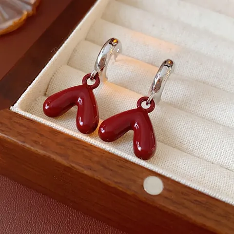 Vintage Red Heart Enamel Drop Oil Earrings With Silver Earring Post Simple Elegant Retro Chic Style Jewelry For Women