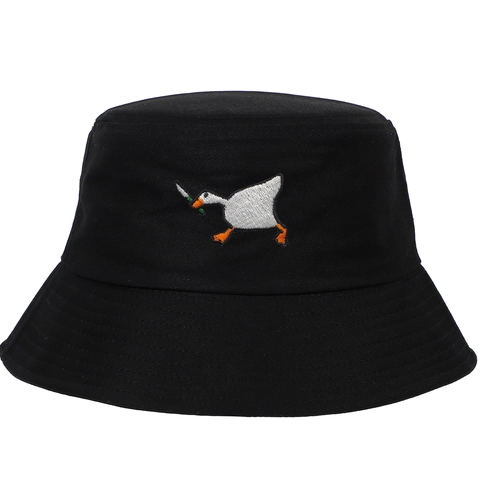 Bob En Sergé De Coton Avec Broderie Oie Drôle Protection Solaire Été À Bord Large Casquette Décontractée De Plein Air