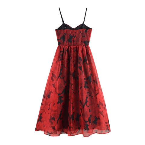 Women Floral Print Organza Camisole Maxi Dress Sexy Low Cut V Neck High Waist A-Line Party Evening