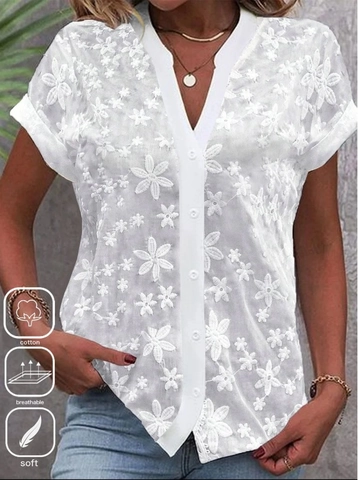 Women's Short Sleeve V Neck Blouse Cotton Lace Floral Embroidery Button Down Casual Elegant Solid Color Shirt