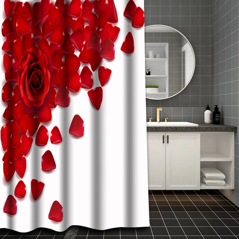 Tenda Da Doccia Floreale Con Rosa Rossa E Tappetino Da Bagno E Copertura Per Il Coperchio Del Water Tessuto Poliestere Impermeabile Arredamento Bagno