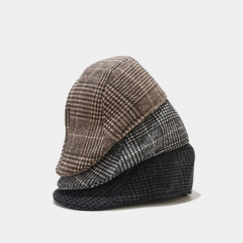Vintage Geruite Platte Pet Retro Britse Newsboy Ivy Hoed Polyester Wol Textuur Voor Heren Dames