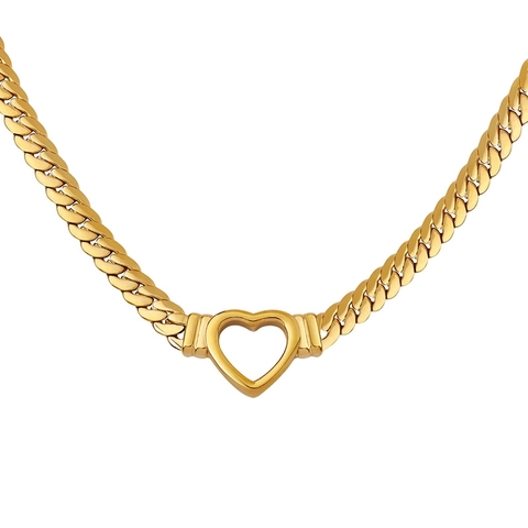 Collar Con Colgante De Corazón Hueco Acero De Titanio Chapado En Oro De 18K Cadena Cubana Joyería Punk Hip Hop Para Mujer