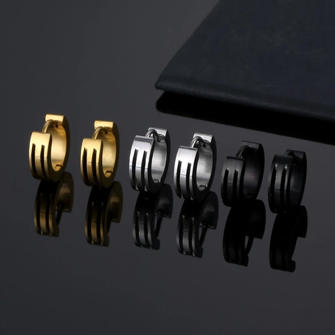 Huggie Hoop Earrings Stainless Steel Triple Groove Striped Minimalist Punk Rock Gothic Style For Men Women Unisex