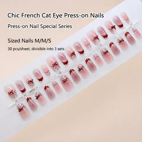 Press On Nagels Kattenoog Frans Roze Verloop Met Strik Stip ABS Plastic Kunstnagels