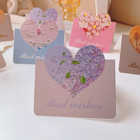Biglietto D'Auguri Forma Di Cuore Pittura A Olio Rilievo Fiore Paesaggio Compleanno San Valentino Festa Della Mamma Cancelleria