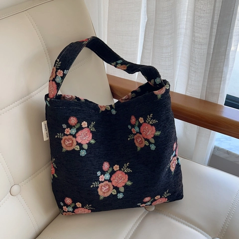 Damen Schultertasche Mit Blumenmuster Jacquard Leinwand Hobo Bag Retro Hahnentrittmuster Große Kapazität Lässige Alltagstasche