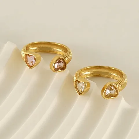 Bague Ouverte Coeur Zirconium Acier Inoxydable Plaqué Or 18K Cannelée Ajustable Vintage Bijoux Pour Femmes
