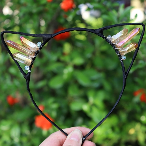Cat Ear Headband Natural Raw Crystal Crown Handmade Wire Wrapped Zinc Alloy Party Hair Accessories Bohemian Style