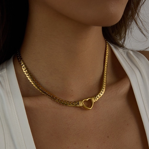 Heart Pendant Necklace Stainless Steel 18K Gold Plated Snake Chain Cuban Link Waterproof Hypoallergenic Jewelry For Women