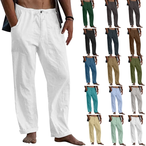 Men's Casual Linen Blend Pants Summer Beach Loose Fit Elastic Drawstring Straight Leg Trousers With Pockets