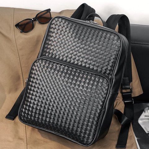 Mochila De Cuero PU Tejido Hombre Gran Capacidad Negocios Viaje Moda Bolsa Para Laptop Estilo Retro Negro