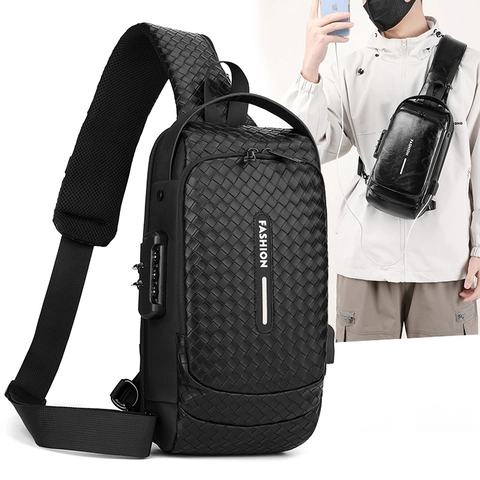 Anti Diebstahl Sling Bag Für Herren Mit Passwortschloss Und USB Ladeanschluss Wasserdichte PU Leder Umhängetasche