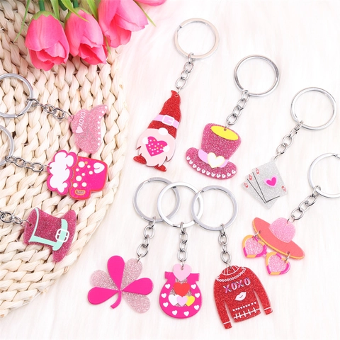 Acrylic Glitter Keychain Heart Gnome Sweater Hat Charm Pendant Valentine's Day Gift Stainless Steel Key Ring