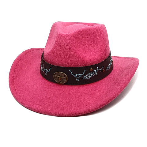 Cappello Da Cowboy Occidentale Vintage Feltro Cotone Poliestere Tesa Larga Ricamo Testa Di Toro Fascia Pelle Retro Jazz Fedora Unisex
