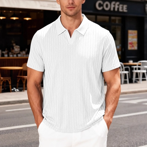 Men Casual Short Sleeve Polo Shirt Ribbed Knit Vertical Stripe Jacquard Johnny Collar Summer Vacation Breathable Top