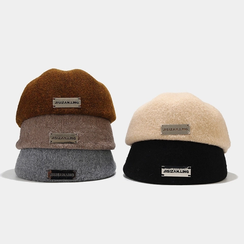 Boina Para Mujer De Punto De Lana De Alpaca Estilo Francés Retro Color Sólido Gorra Plana Cálida Con Etiqueta Metálica