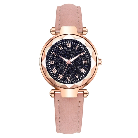 Montre Femme Quartz Cadran Ciel Étoilé Chiffres Romains Verre Taille Diamant Bracelet Cuir Boîtier Alliage Or Rose Élégant