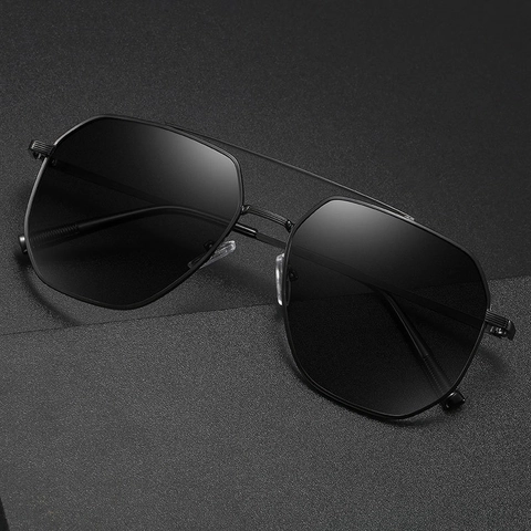 Men Polarized Sunglasses Metal Frame Geometric Double Bridge UV400 Protection Vintage Square Eyewear For Driving