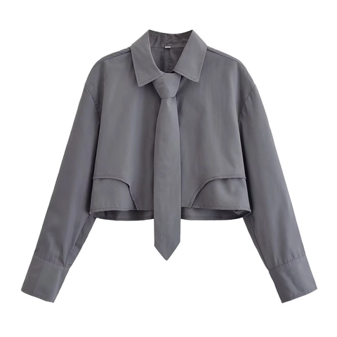 Women Cropped Long Sleeve Shirt With Tie Solid Gray Polyester Button Down Chic Streetwear Top