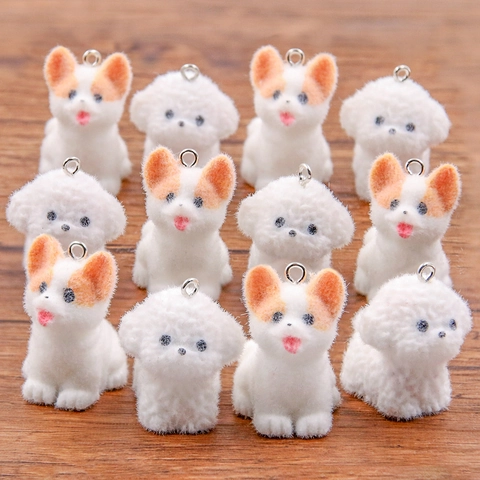 Flocked Animal Dog Charms Resin Three Dimensional Corgi Teddy Rabbit Pendants For DIY Jewelry Making Handmade Accessories