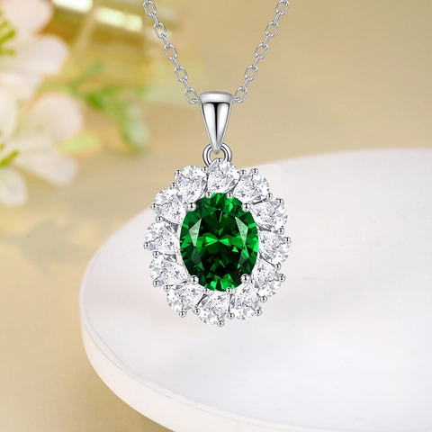 Collana con Pendente a Fiore in Argento Sterling 925 Lusso Strass Intarsiato Smeraldo Ovale Pietra Preziosa Gioielli Regalo Donna