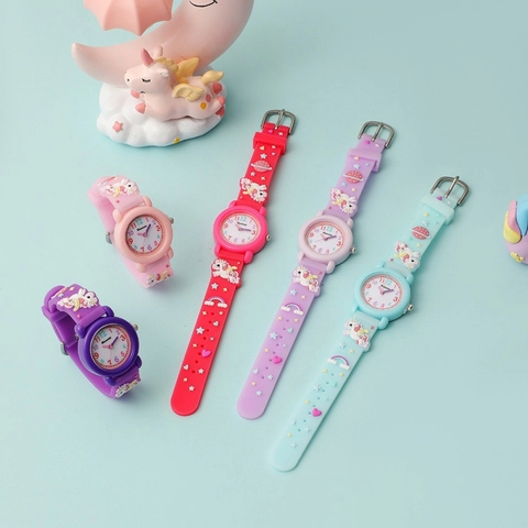 Cartoon Eenhoorn Quartz Horloge Siliconen Band 3D Reliëf Analoog Display Voor Kinderen Meisjes Cadeau