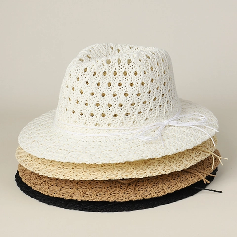 Women Summer Sun Fedora Hat Hollow Crochet Woven Cotton Polyester Breathable Wide Brim Beach Vacation Jazz Hat With Bow