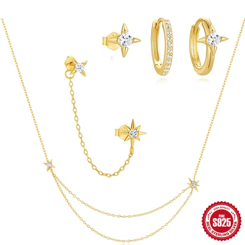 925 Sterling Silver Star Jewelry Set Gold Plated Zirconia Eight Pointed Star Necklace Earring Set For Women Wedding Fashion Jewelry