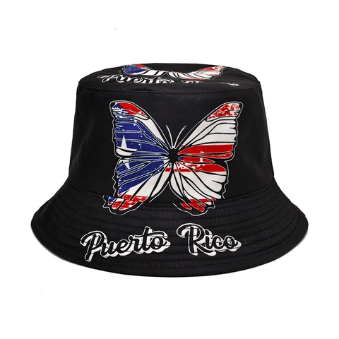 Puerto Rico Flag Butterfly Pattern Bucket Hat Polyester Sun Protection Outdoor Travel Vintage Unisex Fisherman Cap