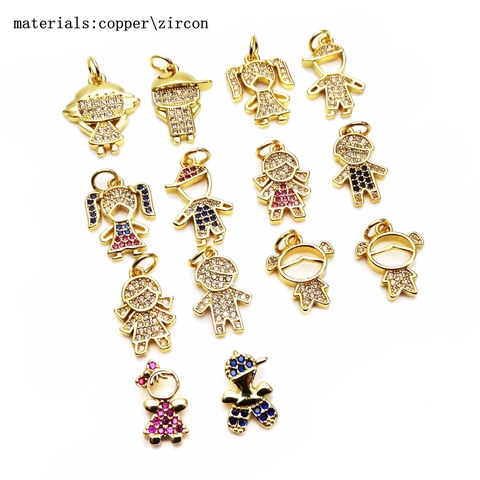 Micro Zircon Cartoon Boy Girl Pendant DIY Necklace Bracelet Accessory Gold Plated Copper Cubic Zirconia Character Charm