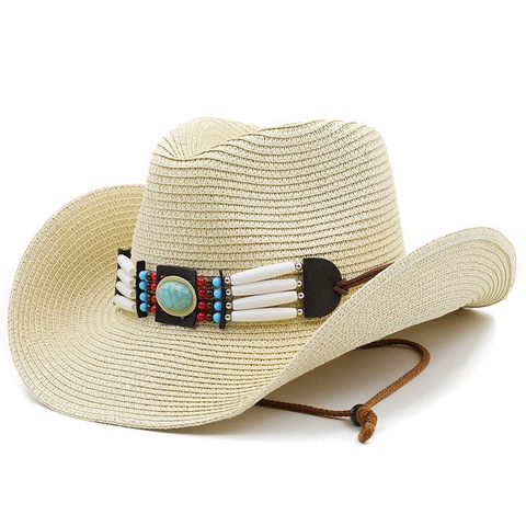 Western Cowboy Strozhoed Voor Dames Boheems Etnisch Geweven Zonnehoed Met Turquoise Kralen En Verstelbaar Koord