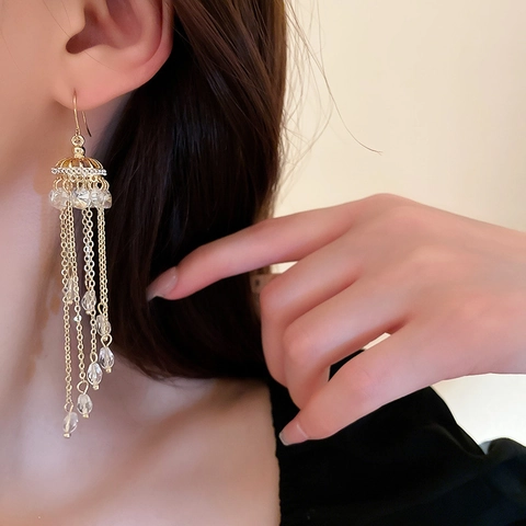 Eleganti Orecchini Pendenti In Rame Dorato Con Lunghe Nappe A Catena E Perline Di Cristallo In Stile Vintage Per Donne