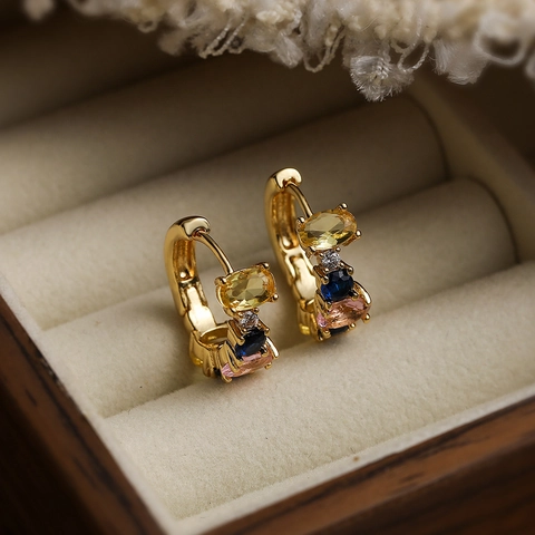 Orecchini a Cerchio Geometrici in Rame Placcato Oro con Zirconia Orecchini Mini Huggie con Gemme Colorate per Donna