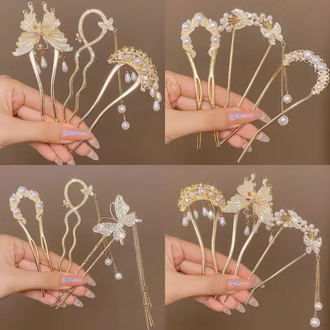 Elegant Artificial Pearl Hair Sticks For Women Vintage Butterfly Flower U Shaped Alloy Hair Fork Tassel Rhinestone Hair Comb Accessories