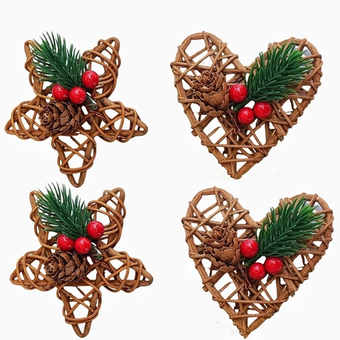 Star Heart Christmas Hanging Ornaments Rattan Simulated Pine Needles Natural Cones Red Berries Xmas Tree DIY Decor Rustic