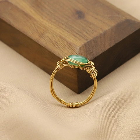 Vintage Handmade Gold Woven Wire Wrapped Ring With Oval Green Jade Stone Geometric Band Ring For Women Jewelry Gift