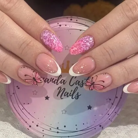 Unghie Finte Forma Mandorla Sfumatura Rosa Viola Punte Francesi Farfalla Stella Glitter Dolce Romantico Per Donne