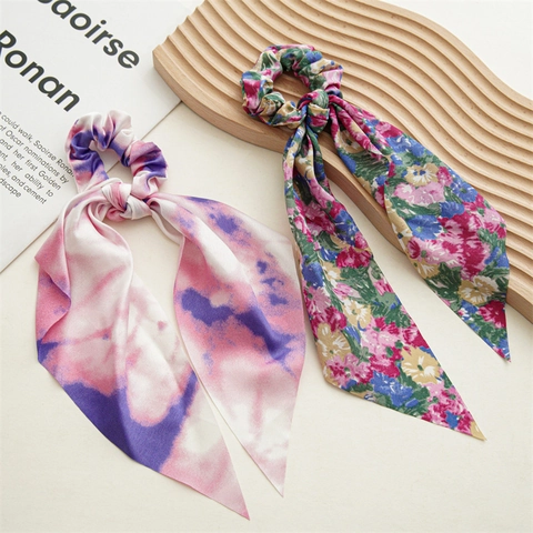 Florale Tie Dye Chiffon Scrunchies Met Lange Lintjes Elastische Haerelastiekjes Paardenstaarthouder Accessoires Voor Vrouwen