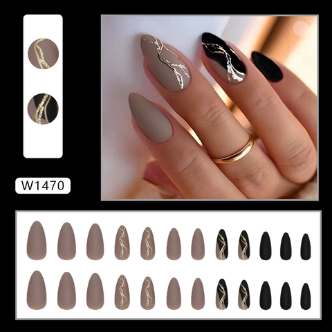 Matte Mandel Kunstnägel Zum Aufdrücken Lang Spitz Grau Schwarz Mocha Goldene Metalllinien Glitzer Elegante Falsche Nägel Damen