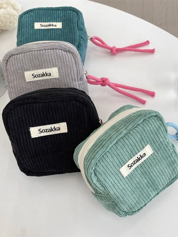 Corduroy Square Makeup Bag Solid Color Small Cosmetic Storage Pouch Portable Zippered Purse Women Girls Simple Travel