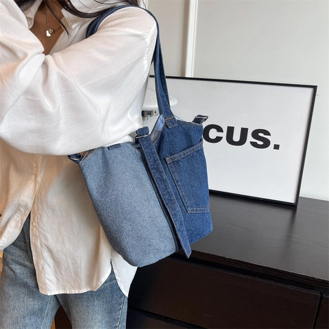Damen Denim Patchwork Eimertasche Retro Kontrastnähte Tragetasche Mit Außentasche Lässige Schulter Umhängetasche