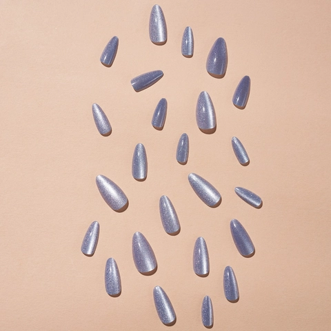 Uñas Postizas A Presión Ojo De Gato Morado Almendra Larga Brillo Brillante Manicura DIY Para Mujeres