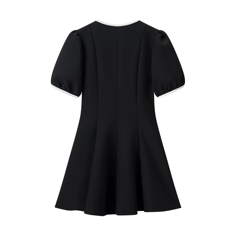 Vestito Mini Donna Scollo A V Contrasto Fiocco Bianco Manica Corta Linea A Poliestere Tessuto Preppy Dolce Elegante