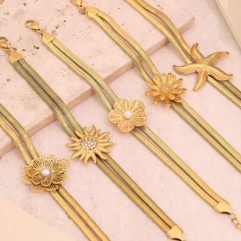 Women Stainless Steel Double Layer Snake Bone Chain Bracelet Gold Plated Flower Sun Starfish Charms Artificial Pearl Resin Adjustable