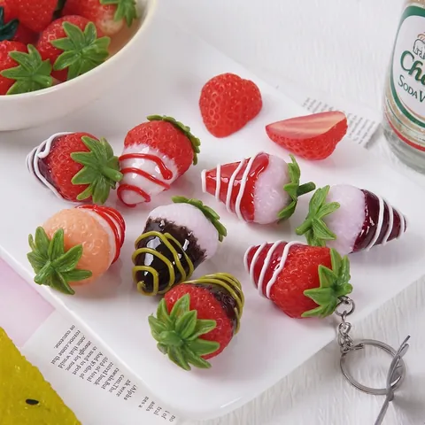 Artificial Strawberry Model Realistic Dipped Chocolate Simulation Fruit Photography Props Keychain Hanging Ornament Kitchen Home Decor