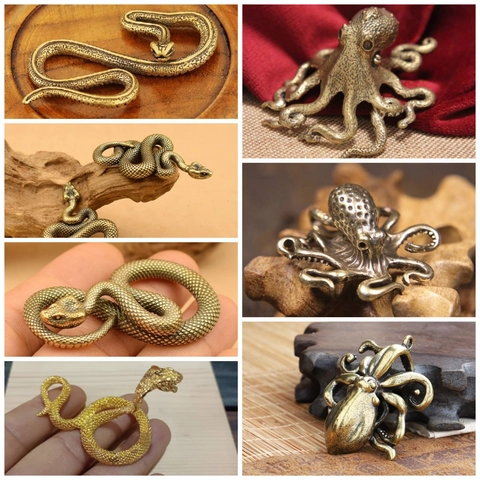 Vintage Brass Octopus Snake Figurines Metal Miniature Animal Statues Retro Desktop Decor Tea Pet Ornament Pendant